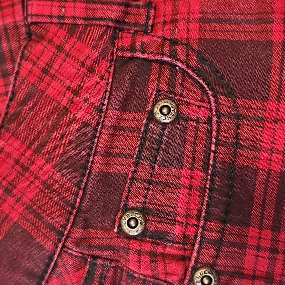 Truce Red/Black Tartan Plaid Women's Skinny Jeans, Size 3 - Picture 6 of 10